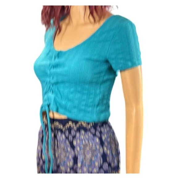 (6 for $25) SO Aqua Blue Short Sleeve Lace Up Front Textured Tee - Size Small - Picture 6 of 6